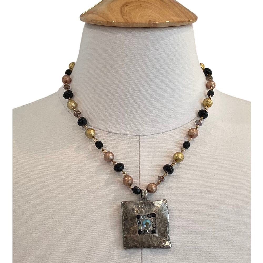 Sade Design Hand Crafted Statement Necklace, Beaded, Square Pendant, Boho